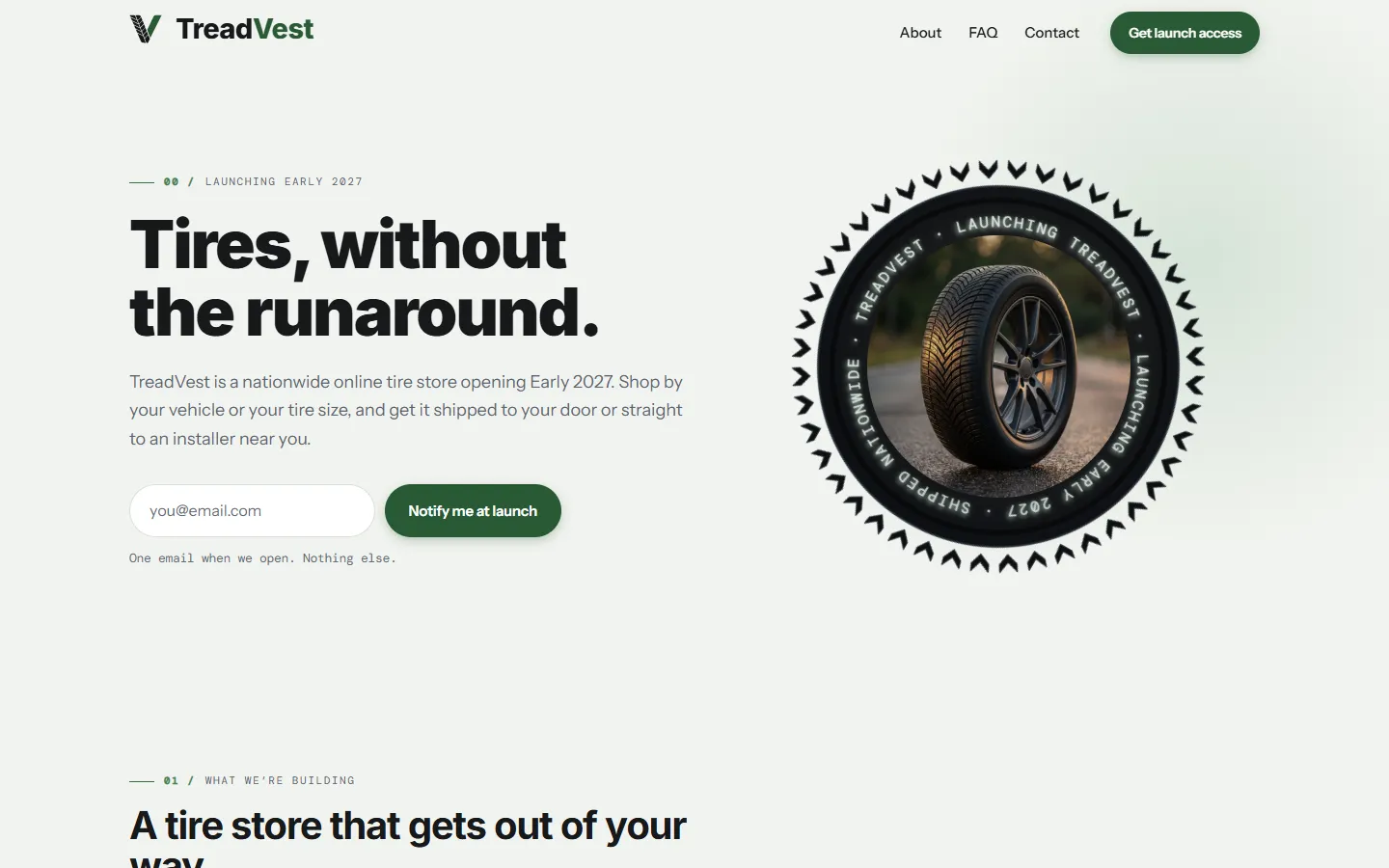 TreadVest- Coming Soon website — desktop homepage