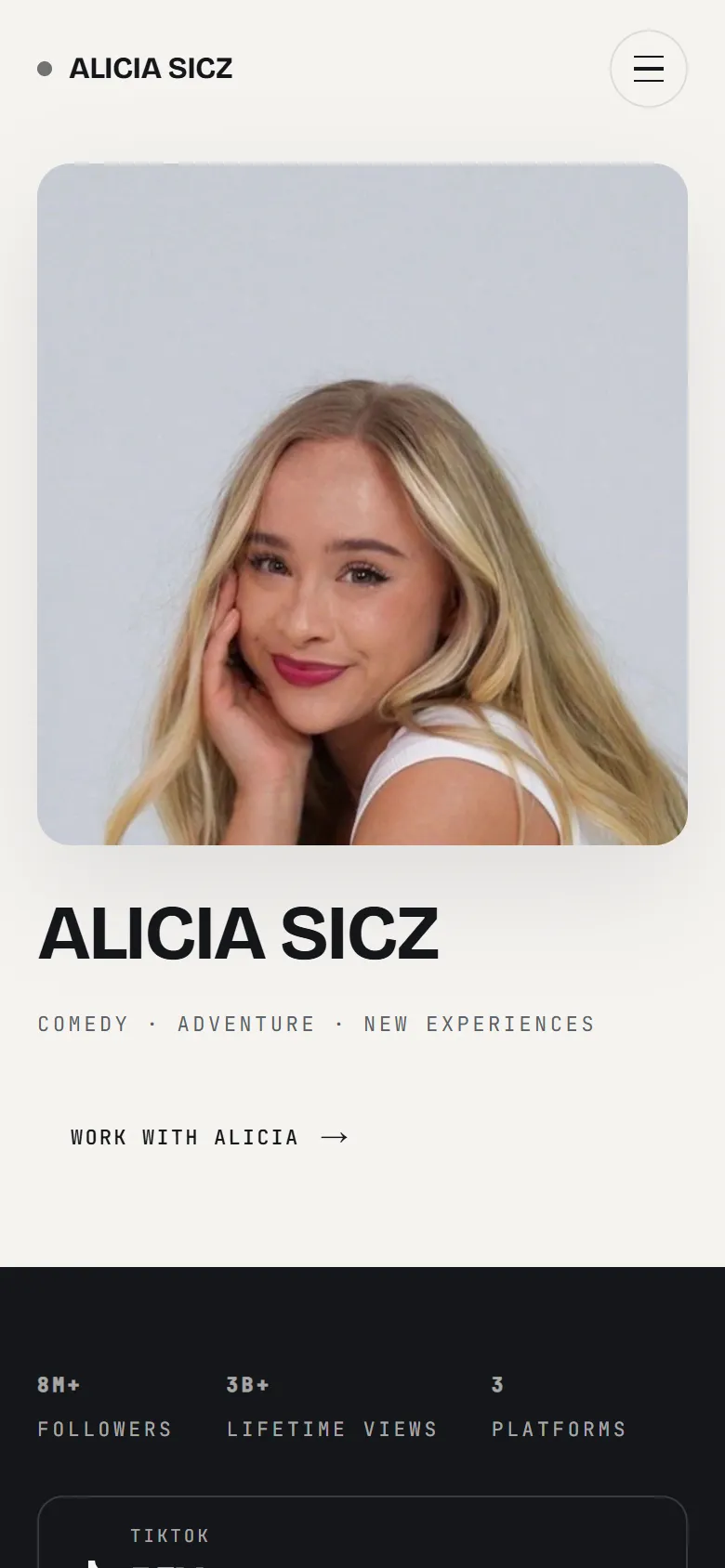 Alicia Sicz homepage on mobile