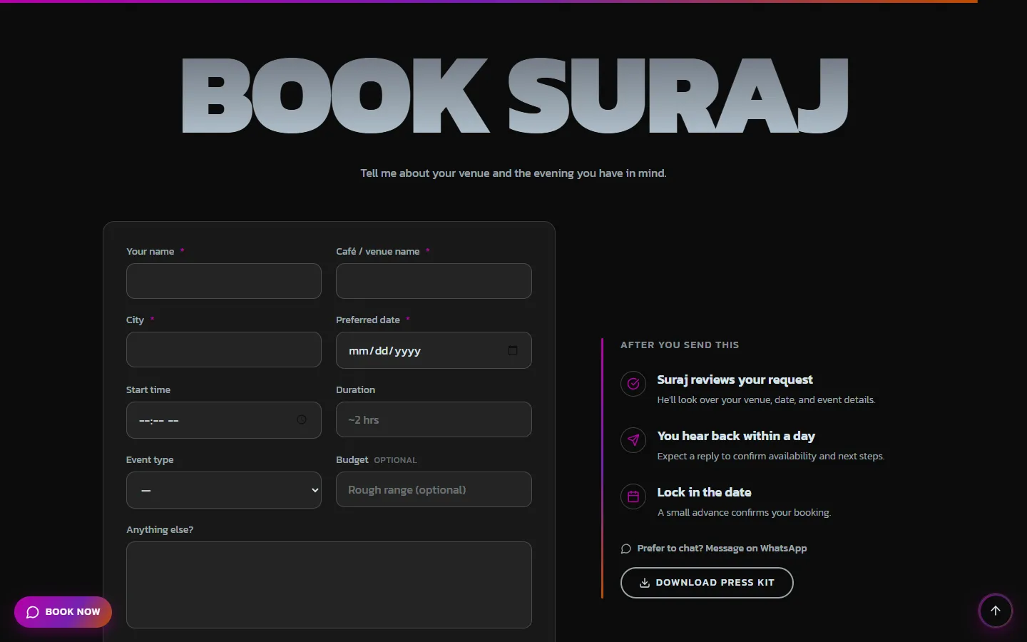 Suraj Sings — Booking form page