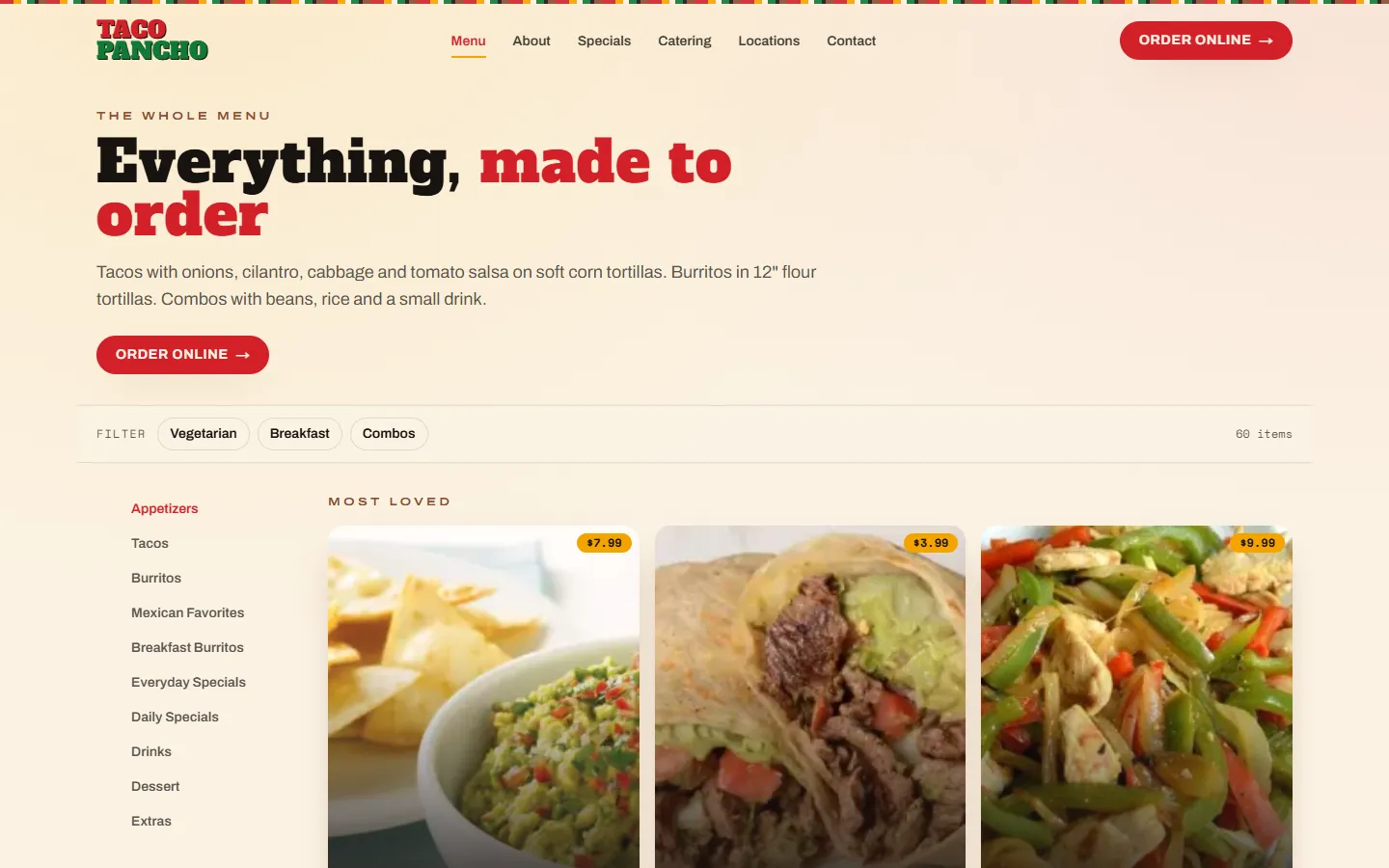 Taco Pancho — Menu page