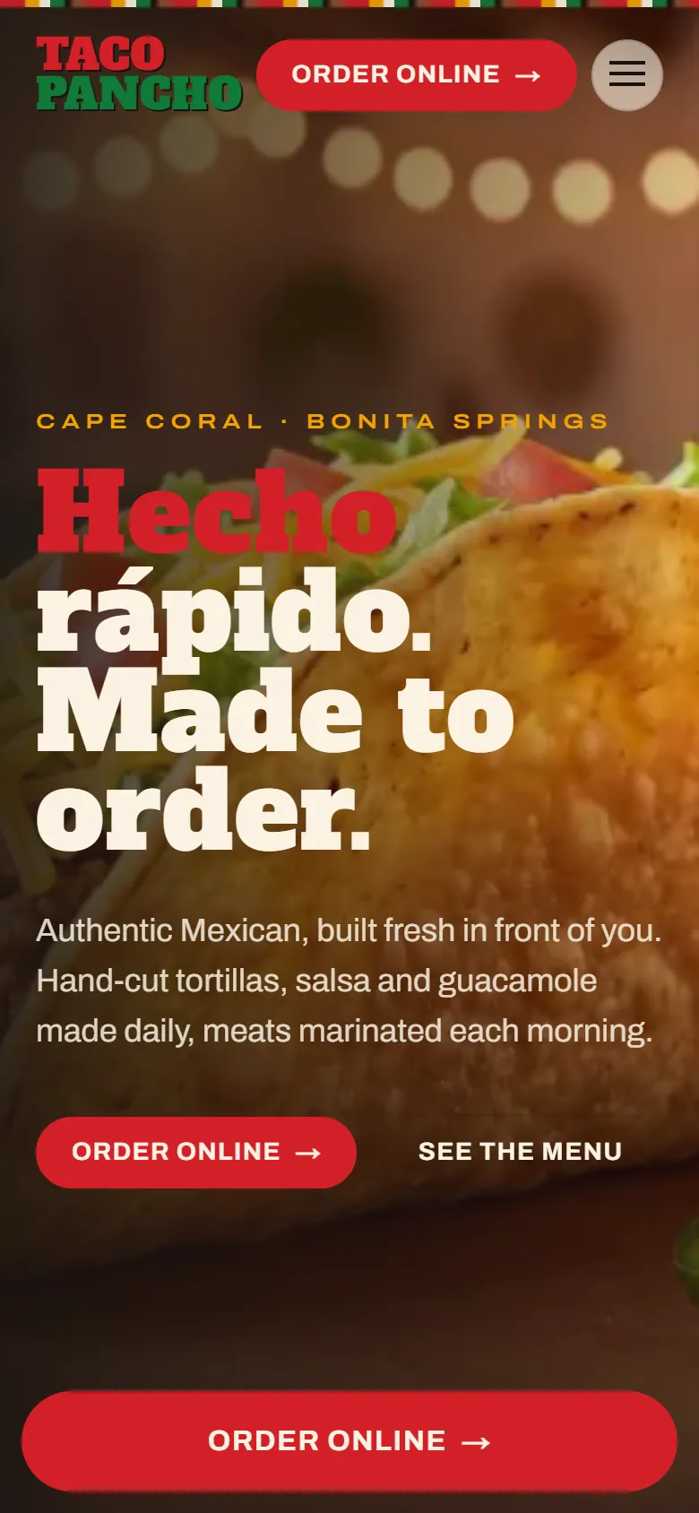 Taco Pancho homepage on mobile
